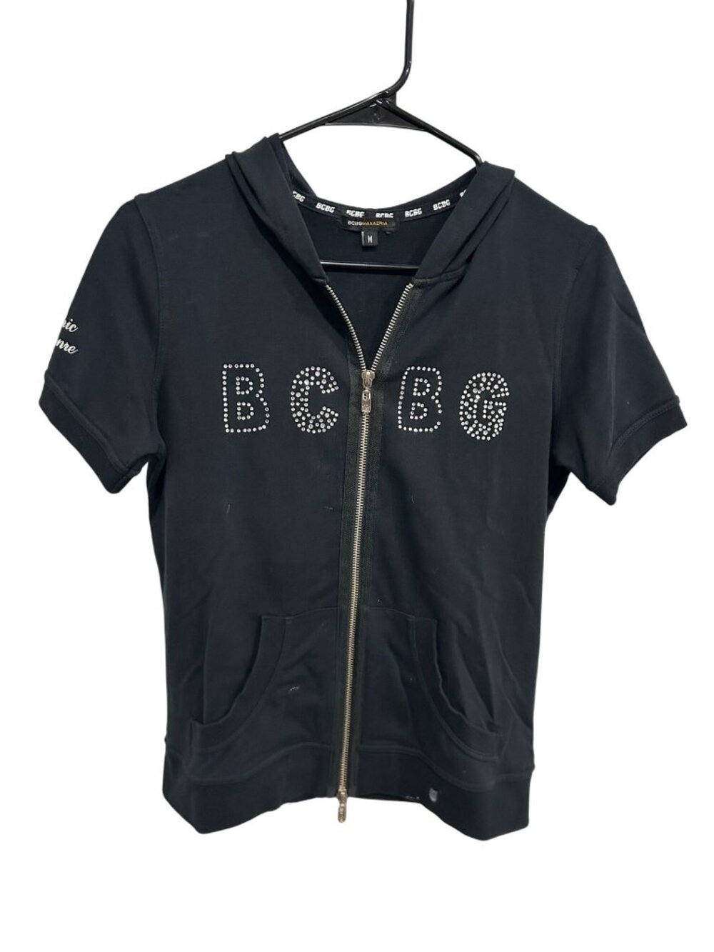BCBG Maxazria Womens Black Rhinestone Logo Zip Hoodie Size Medium McBling Y2K